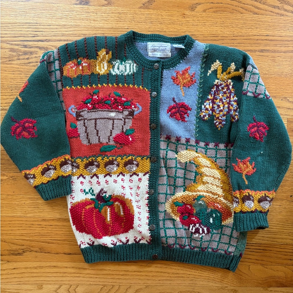Northern Isles SignatureGreen and Red Harvest Cardigan Sweater
